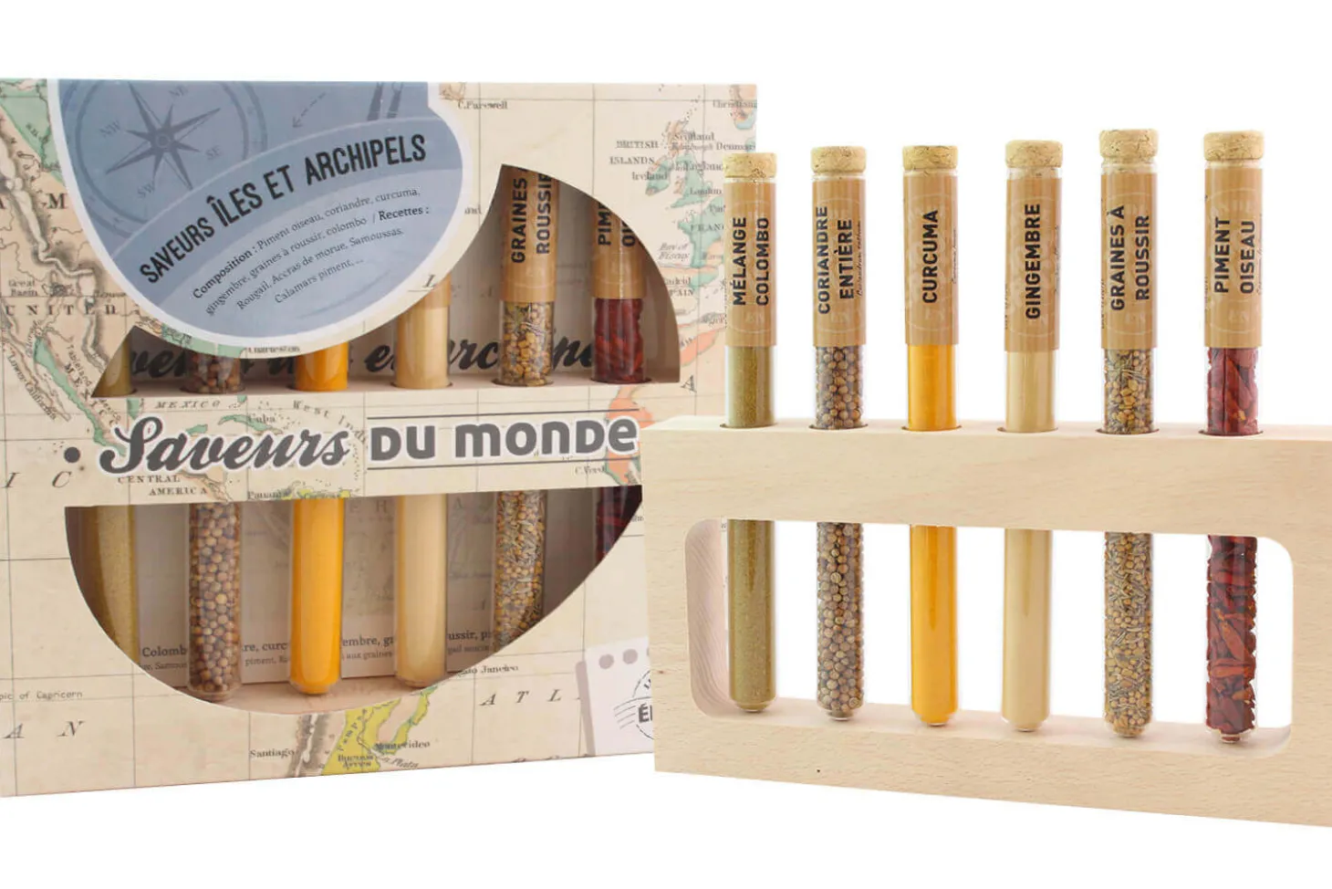 Coffret 6 épices en tube Le Monde en Tube Saveurs des îles et archipels + support bois