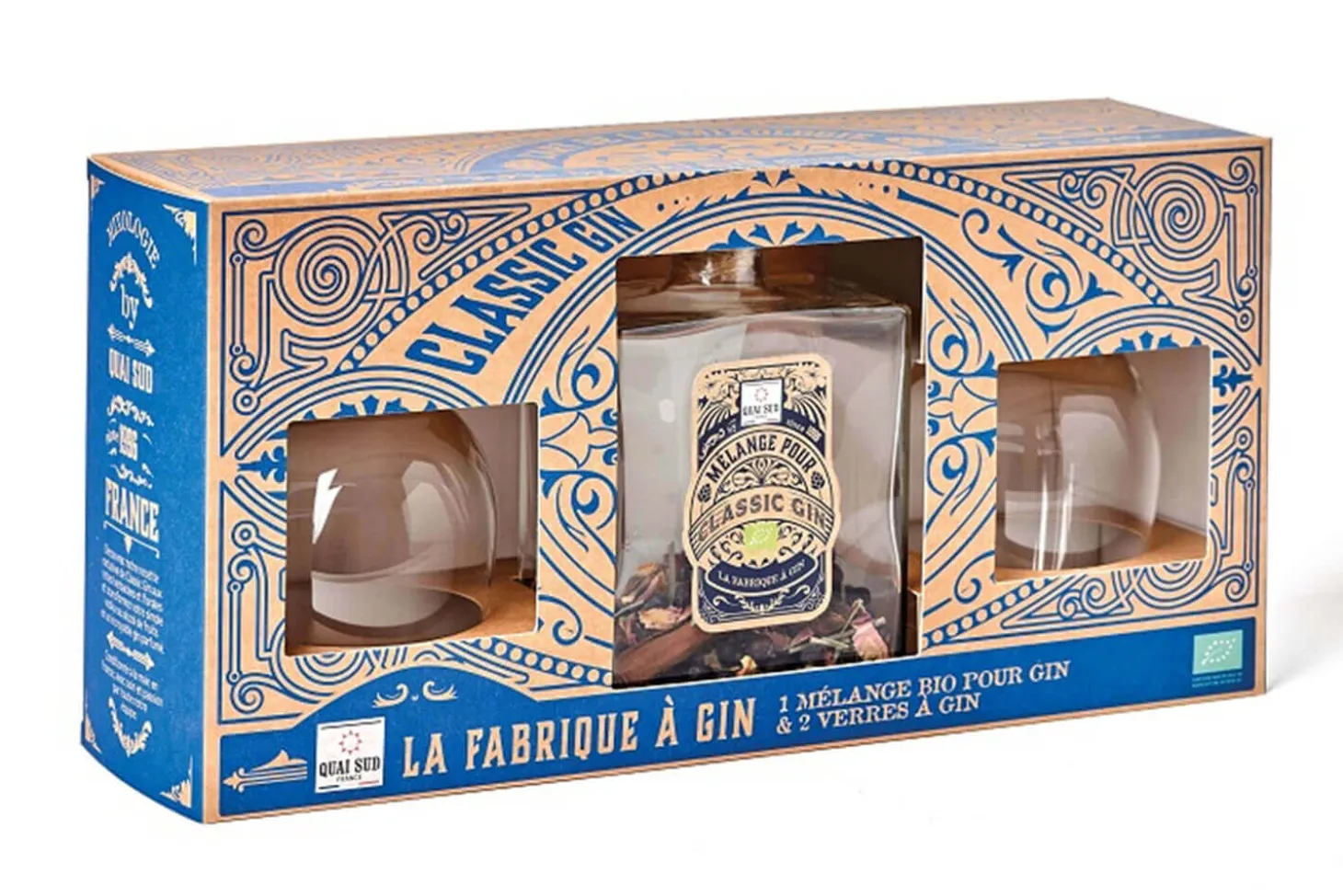 Coffret Quai Sud "La fabrique à Gin" Bio + 2 verres à gin