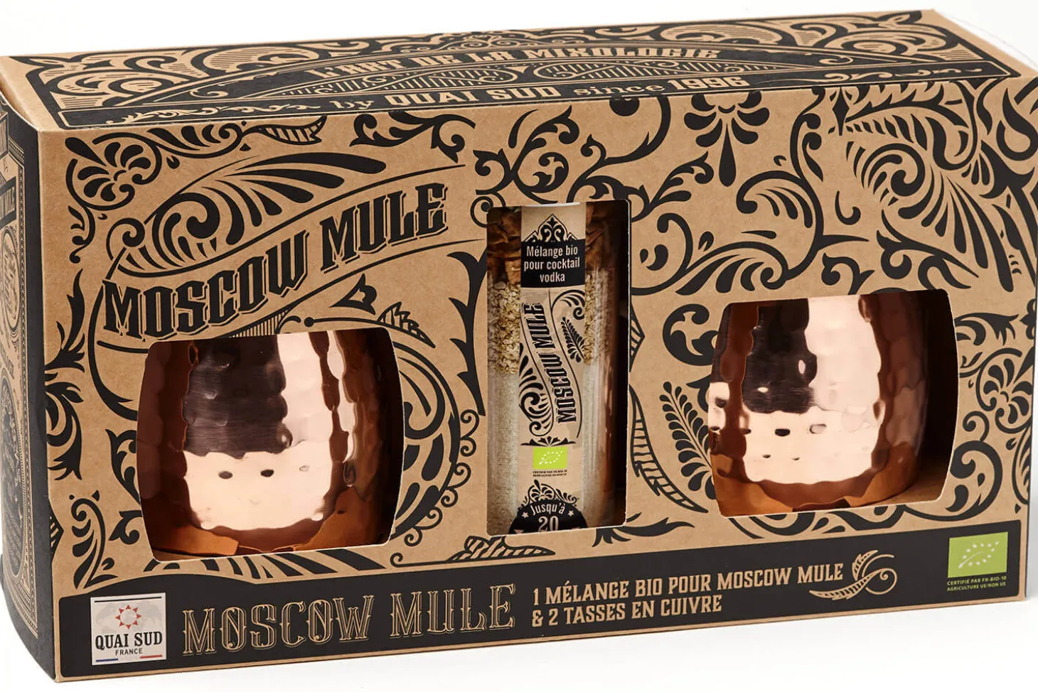Coffret Quai Sud "Moscow Mule" Bio + 2 tasses en inox plaqué cuivre