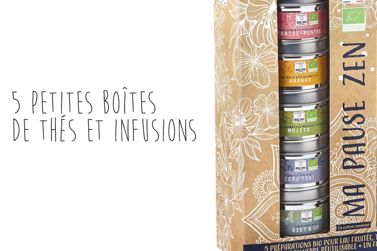 Coffret thés et infusions bio Quai Sud Ma Pause Zen + gourde en verre et filtre à thé