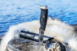Couteau Arctic Legend Hunter's Knife AL965 artisanal lame 9cm manche en bois teinté noir + étui en cuir