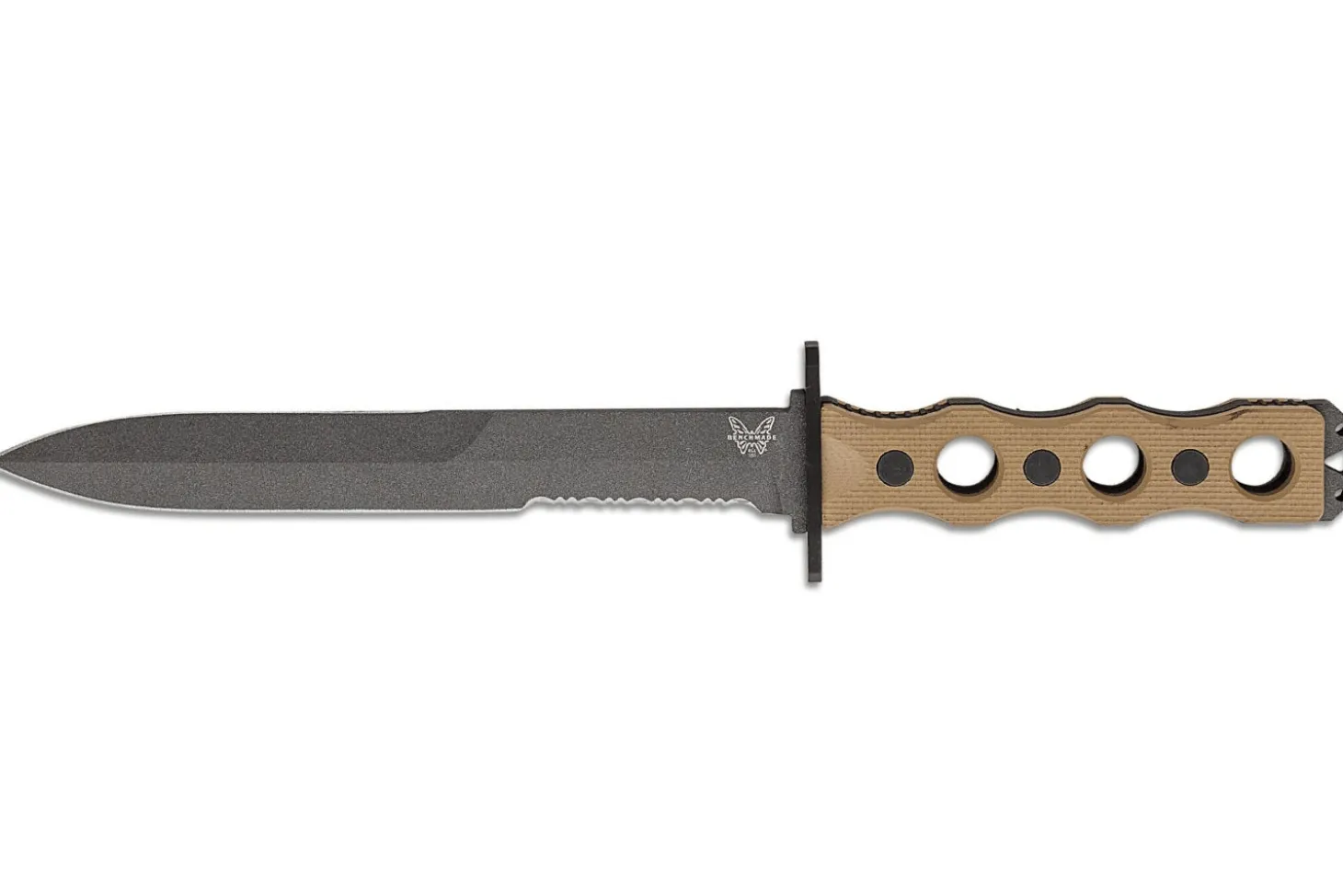 Couteau Benchmade SOCP 185SBK_1 lame semi-dentée 18cm manche ajouré en G10 taupe avec étui