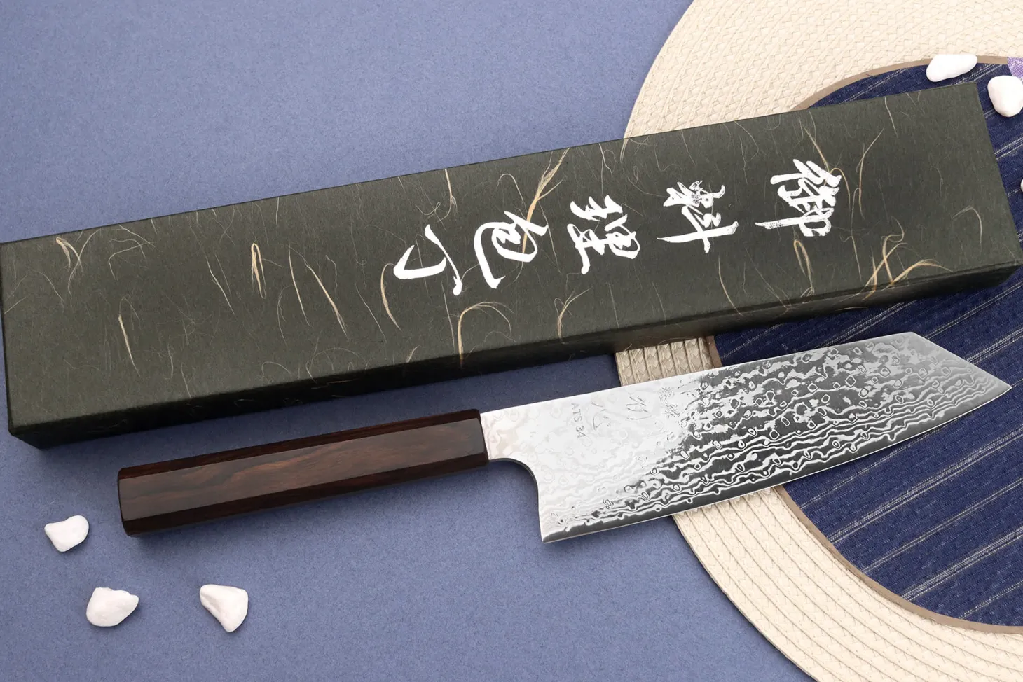 Couteau bunka 16,5cm japonais artisanal Hatsukokoro Ginga ATS-34 Damas ébène
