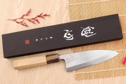 Couteau deba 15cm japonais artisanal Nakamura Kaishin Saku WS2 en magnolia