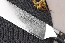 Couteau de boucher Wusaki Sakin Damas 10Cr 22cm manche en fibre de carbone et feuille d'or