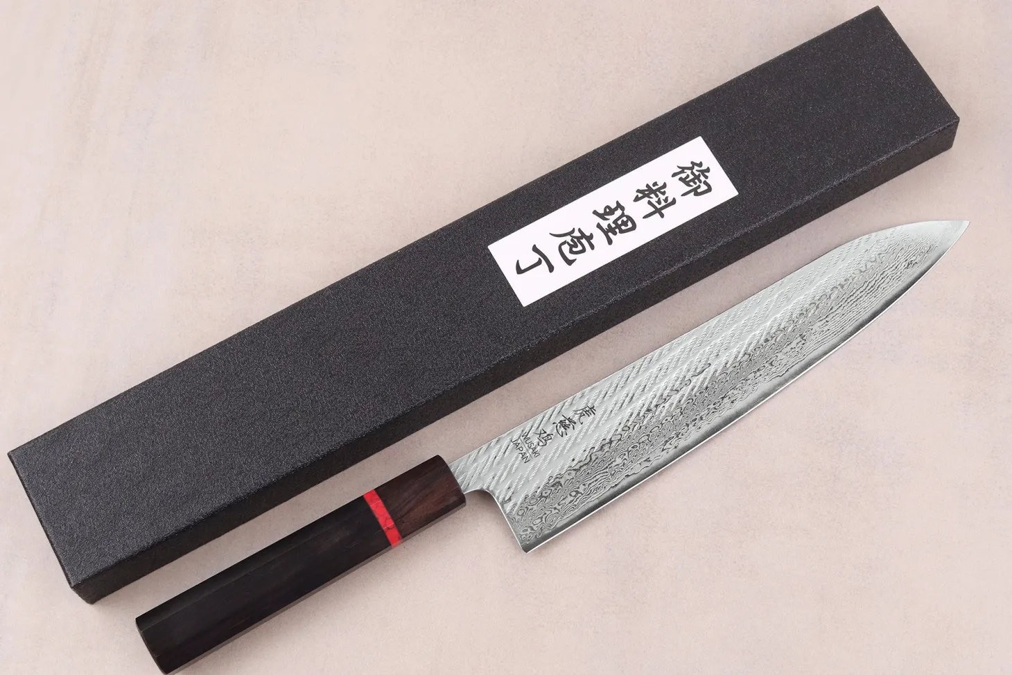 Couteau de chef 24cm japonais artisanal Wusaki Nawame AUS10 damas