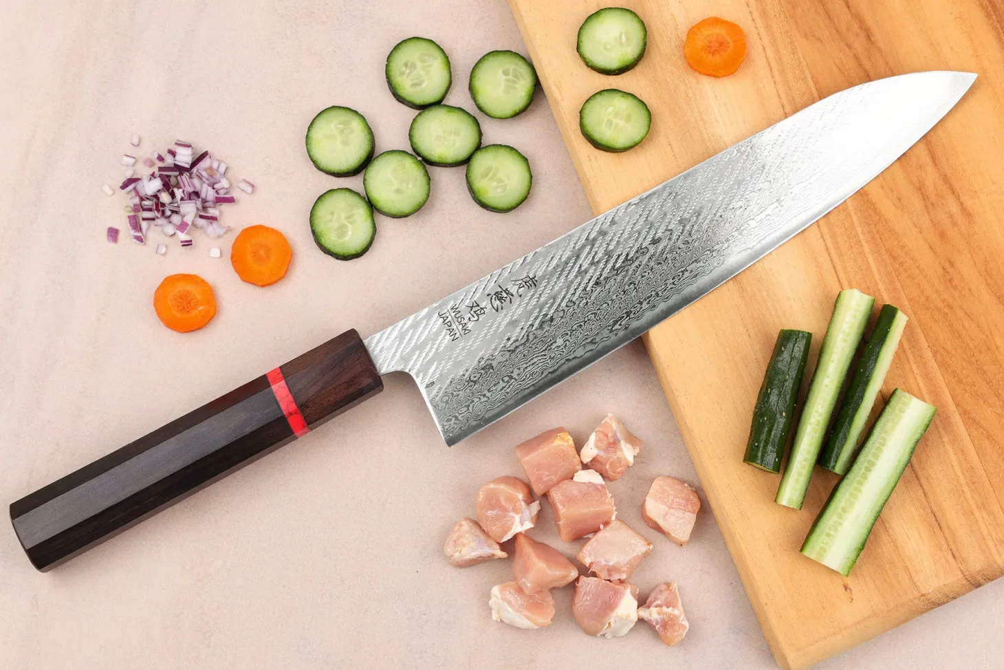 Couteau de chef 24cm japonais artisanal Wusaki Nawame AUS10 damas