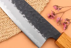 Couteau de chef 18cm japonais artisanal Yuzo Black AS chêne brûlé