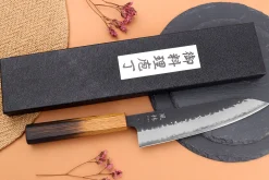 Couteau de chef 18cm japonais artisanal Yuzo Black AS chêne brûlé