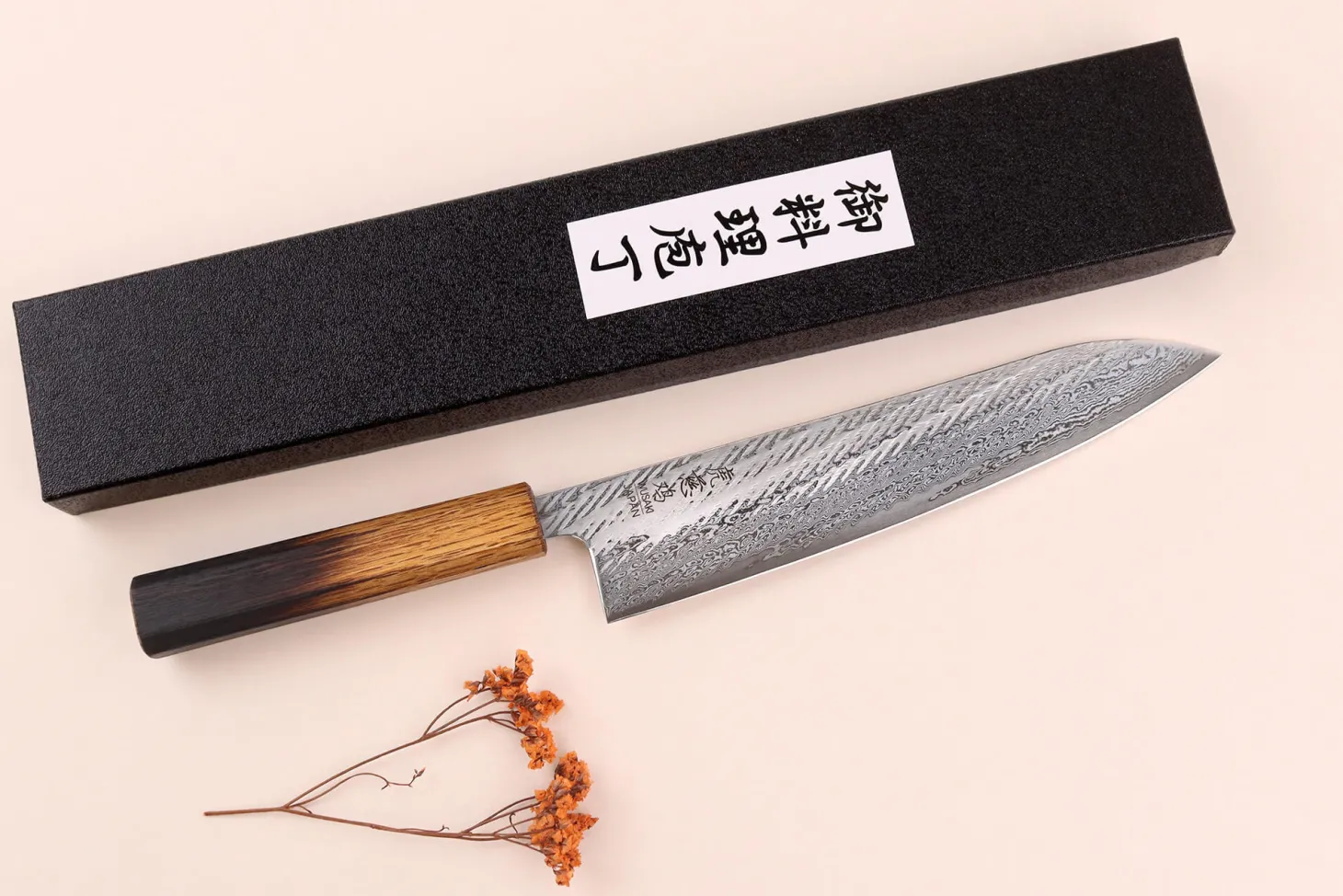 Couteau de chef 21cm japonais artisanal Wusaki Nawame AUS10 damas