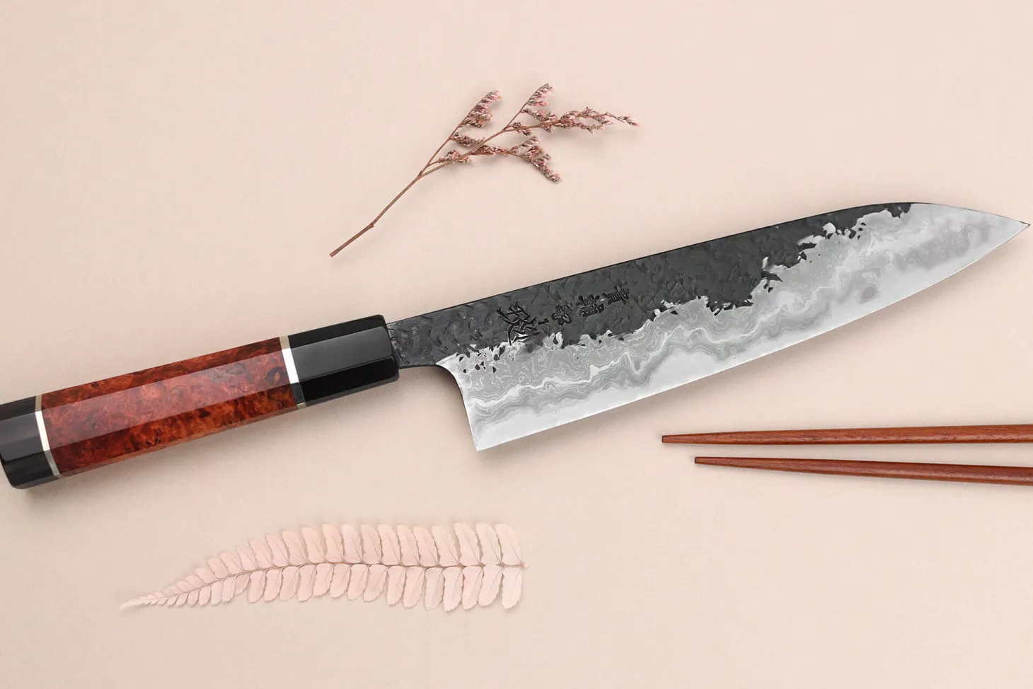 Couteau de chef 21cm japonais artisanal Kisuke Manaka Enn en cognassier avec 2 anneaux
