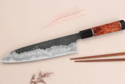 Couteau de chef 21cm japonais artisanal Kisuke Manaka Enn en cognassier avec 2 anneaux SECONDE VIE