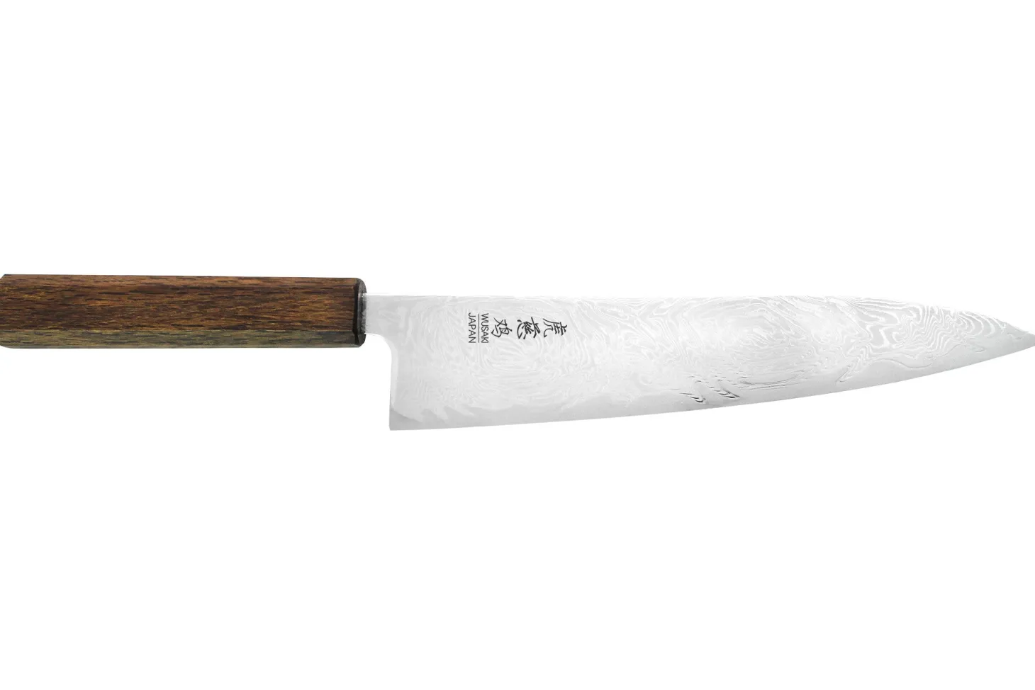 Couteau de chef japonais artisanal Wusaki Unagi AUS10 damas 21cm manche chêne