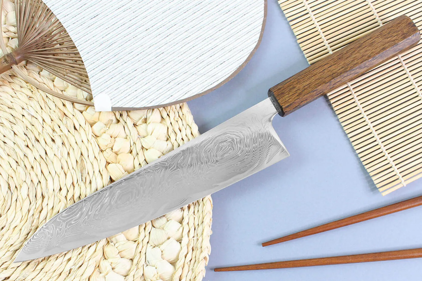 Couteau de chef japonais artisanal Wusaki Unagi AUS10 damas 21cm manche chêne