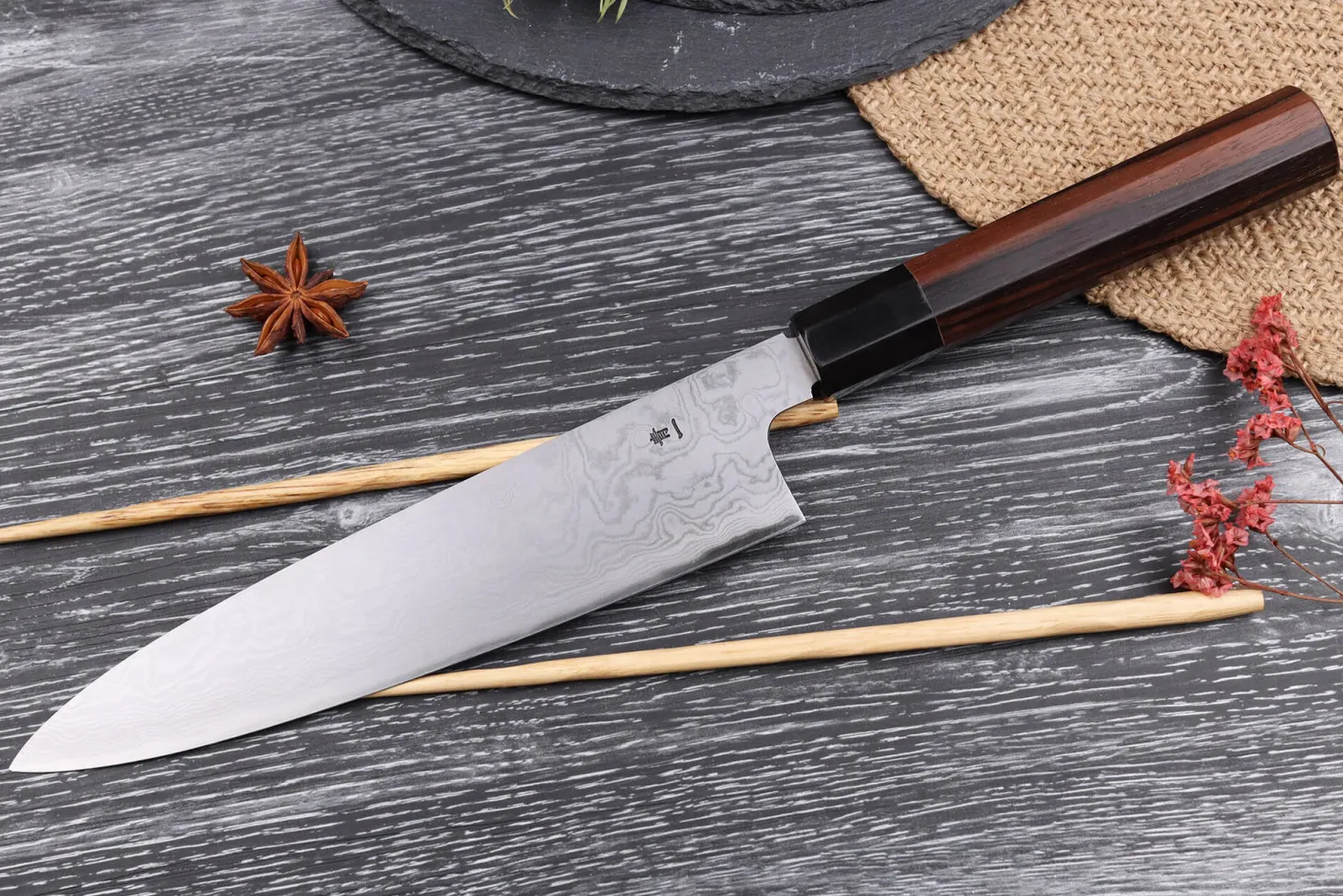 Couteau de chef japonais artisanal haut de gamme Yoshikazu Ikeda damas Blue Steel 1 21cm