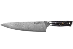 Couteau de chef Wusaki Sakin Damas 10Cr 20cm manche en fibre de carbone et feuille d'or