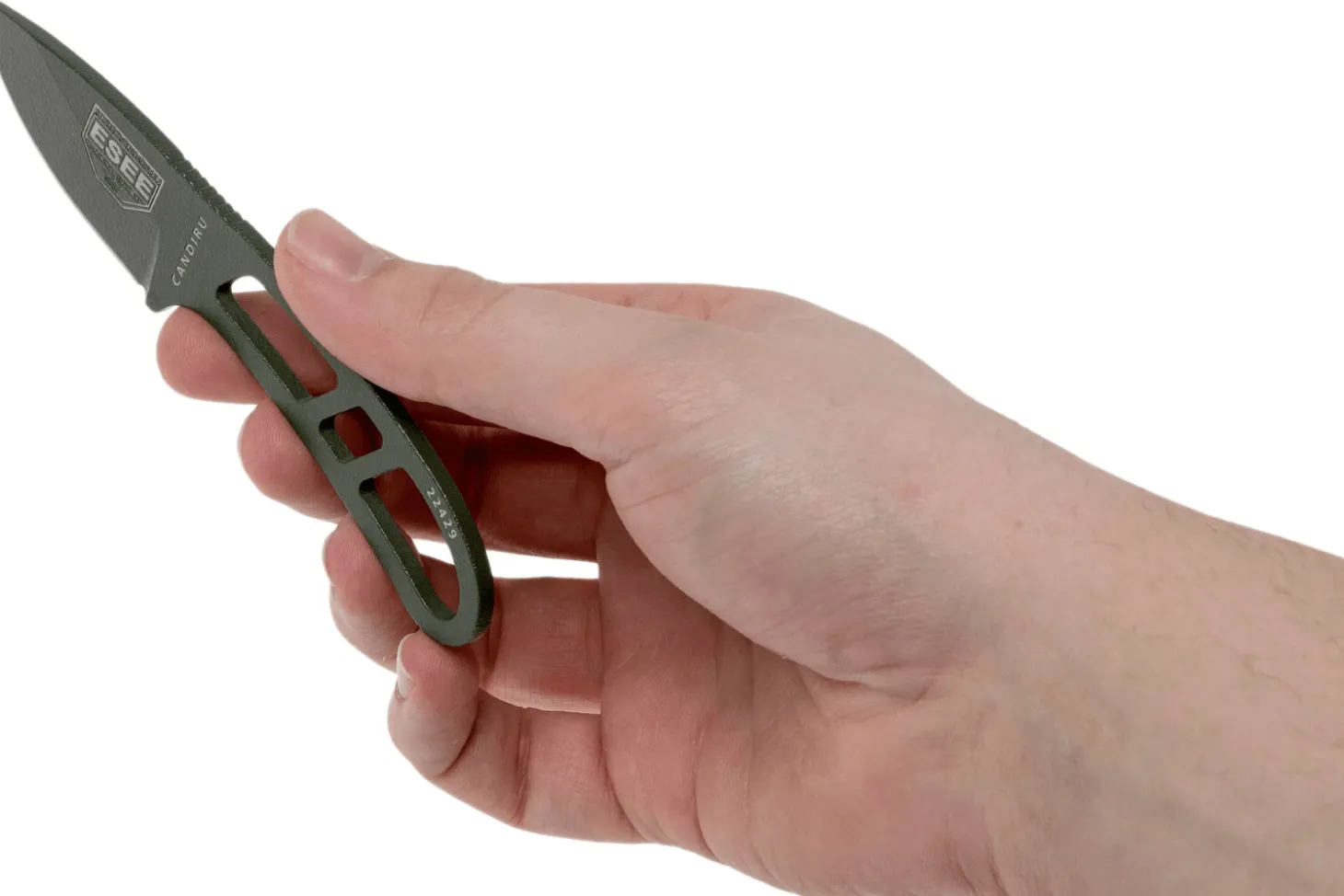 Couteau de cou Esee Candiru CAN-OD lame acier carbone 5,1cm manche en acier vert + étui