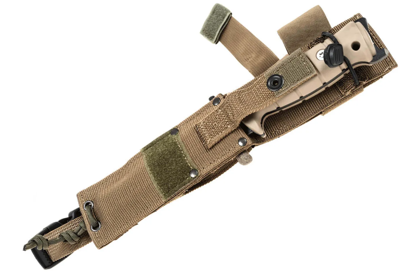 Couteau de survie Wildsteer Tork lame noire semi-dentée 13,3cm manche Tactiprène marron avec brise-vitre + étui + pierre à feu