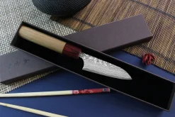 Couteau d'office japonais artisanal Yoshimi Kato 8,5cm VG10 Nickel Damascus cerisier