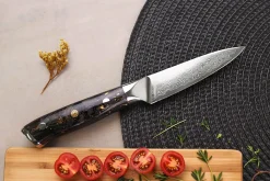 Couteau d'office Wusaki Sakin Damas 10Cr 9cm manche en fibre de carbone et feuille d'or
