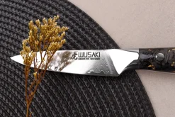 Couteau d'office Wusaki Sakin Damas 10Cr 9cm manche en fibre de carbone et feuille d'or