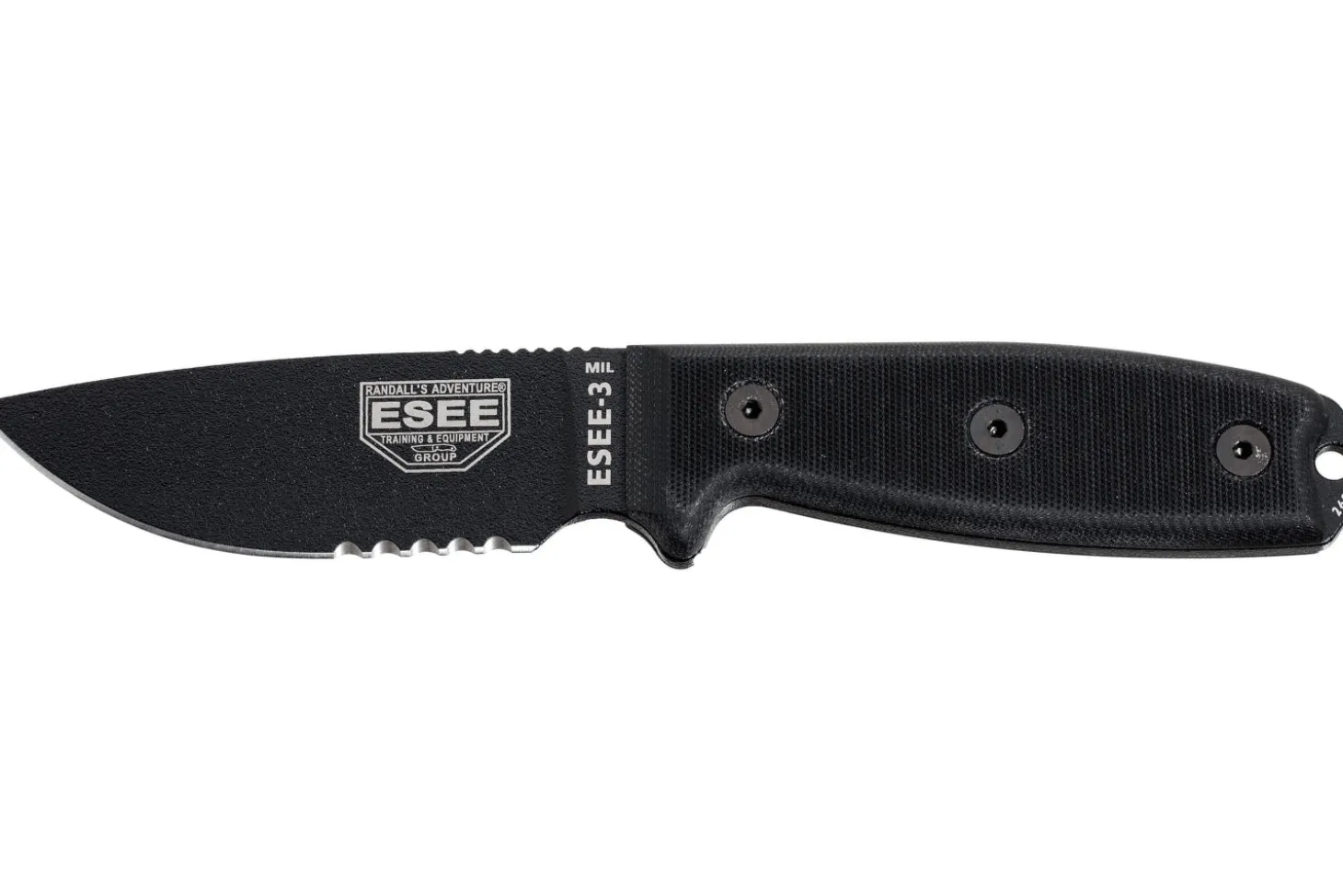 Couteau Esee 3 ESEE-3MIL-S-BLK lame semi-dentée acier carbone 8,8cm manche G10 noir + étui