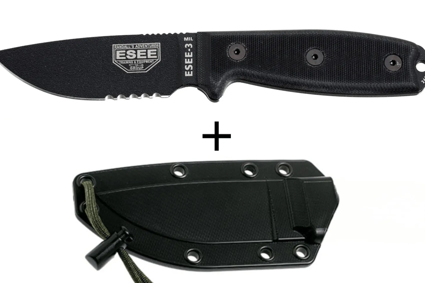 Couteau Esee 3 ESEE-3MIL-S-BLK lame semi-dentée acier carbone 8,8cm manche G10 noir + étui