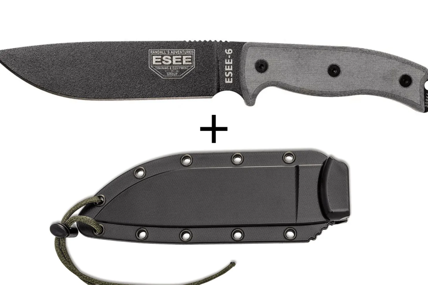Couteau Esee 6 ESEE-6P-B lame acier carbone noir 16,5cm manche micarta gris + étui