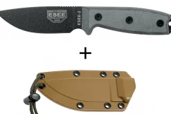 Couteau Esee 3 ESEE-3P-MB lame acier carbone noir 8,8cm manche micarta gris + étui marron