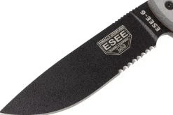 Couteau Esee 6 ESEE-6S-B lame semi-dentée acier carbone noir 16,5cm manche micarta gris + étui