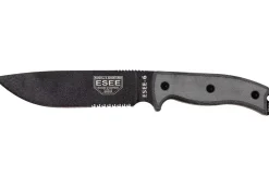 Couteau Esee 6 ESEE-6S-B lame semi-dentée acier carbone noir 16,5cm manche micarta gris + étui