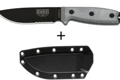 Couteau Esee 4 ESEE-4S-B lame semi-dentée acier carbone noir 11,6cm manche micarta gris + étui