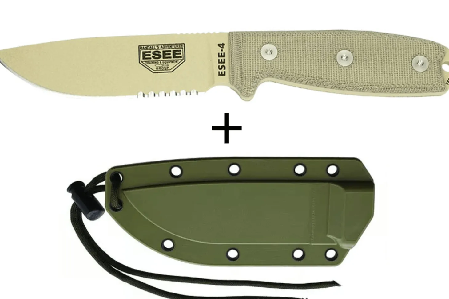 Couteau Esee 4 ESEE-4S-DT lame semi-dentée acier carbone désert 11,6cm manche micarta gris + étui