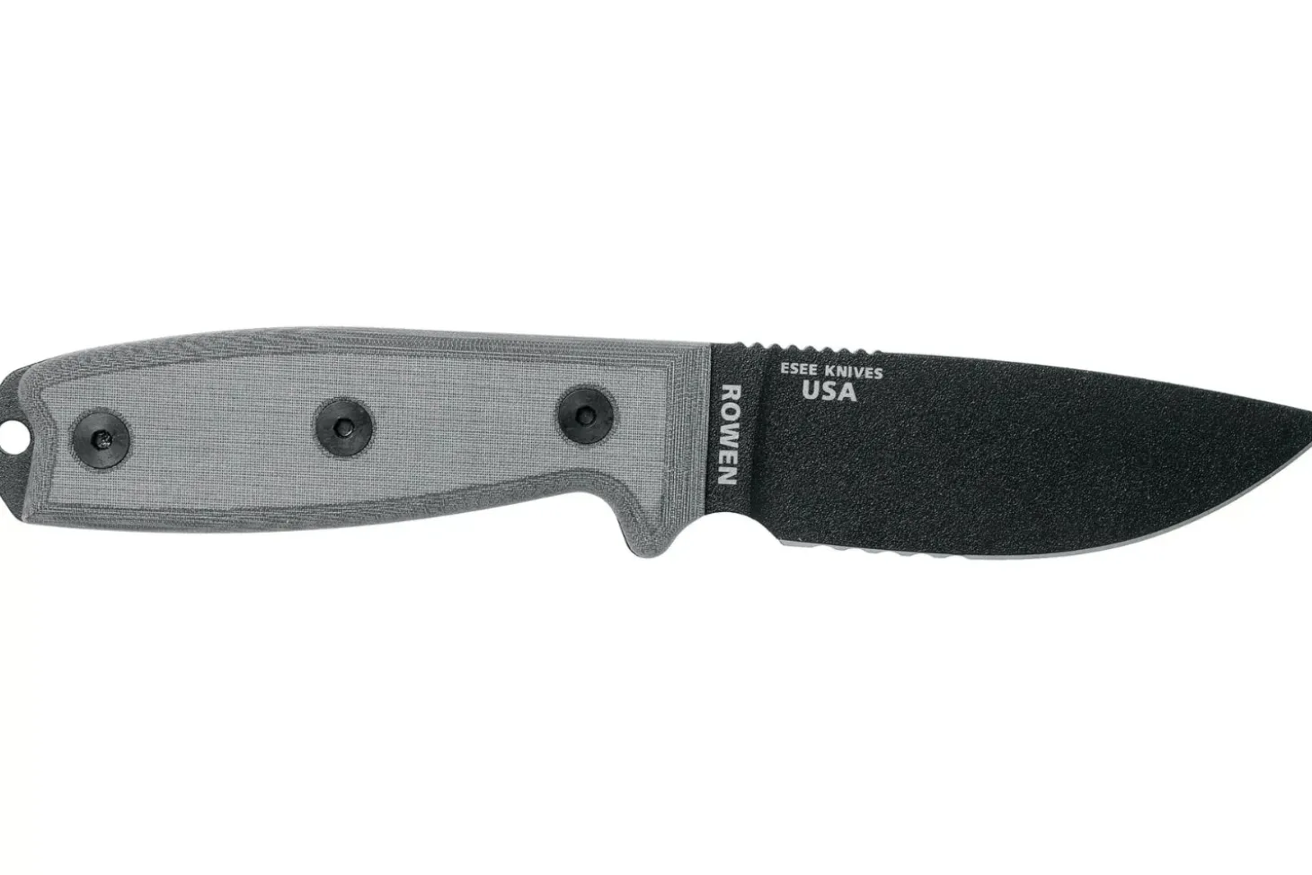 Couteau Esee 3 ESEE-3S-MB lame semi-dentée acier carbone noir 8,8cm manche micarta gris + étui marron