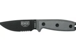 Couteau Esee 3 ESEE-3S-MB lame semi-dentée acier carbone noir 8,8cm manche micarta gris + étui marron