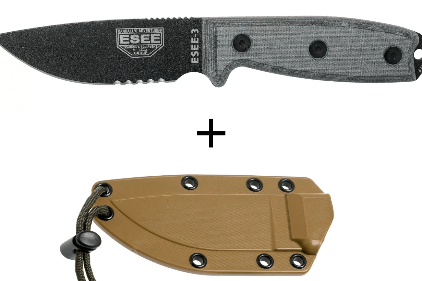 Couteau Esee 3 ESEE-3S-MB lame semi-dentée acier carbone noir 8,8cm manche micarta gris + étui marron