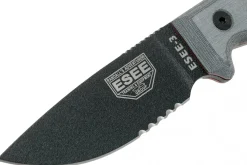 Couteau Esee 3 ESEE-3S-MB lame semi-dentée acier carbone noir 8,8cm manche micarta gris + étui marron