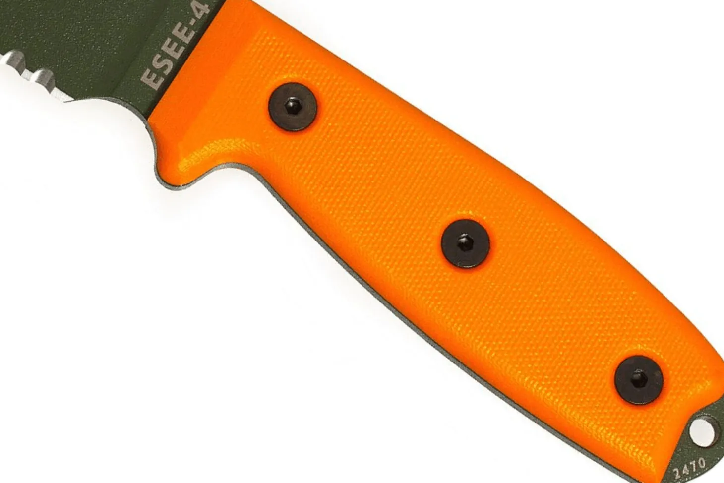 Couteau Esee 4 ESEE-4S-OD lame semi-dentée acier carbone vert 11,6cm manche G10 orange + étui