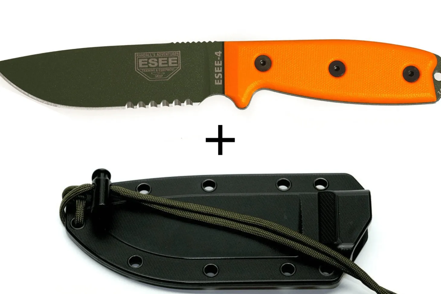 Couteau Esee 4 ESEE-4S-OD lame semi-dentée acier carbone vert 11,6cm manche G10 orange + étui