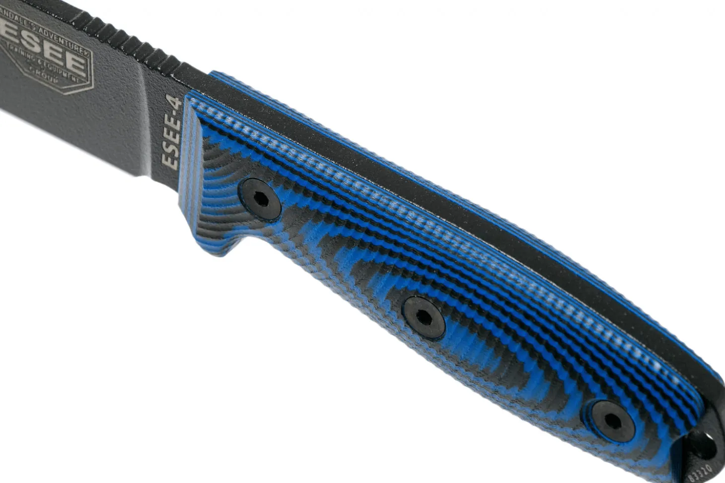 Couteau Esee 4 4PB-008 lame acier carbone 11,6cm manche G10 bleu et noir + étui