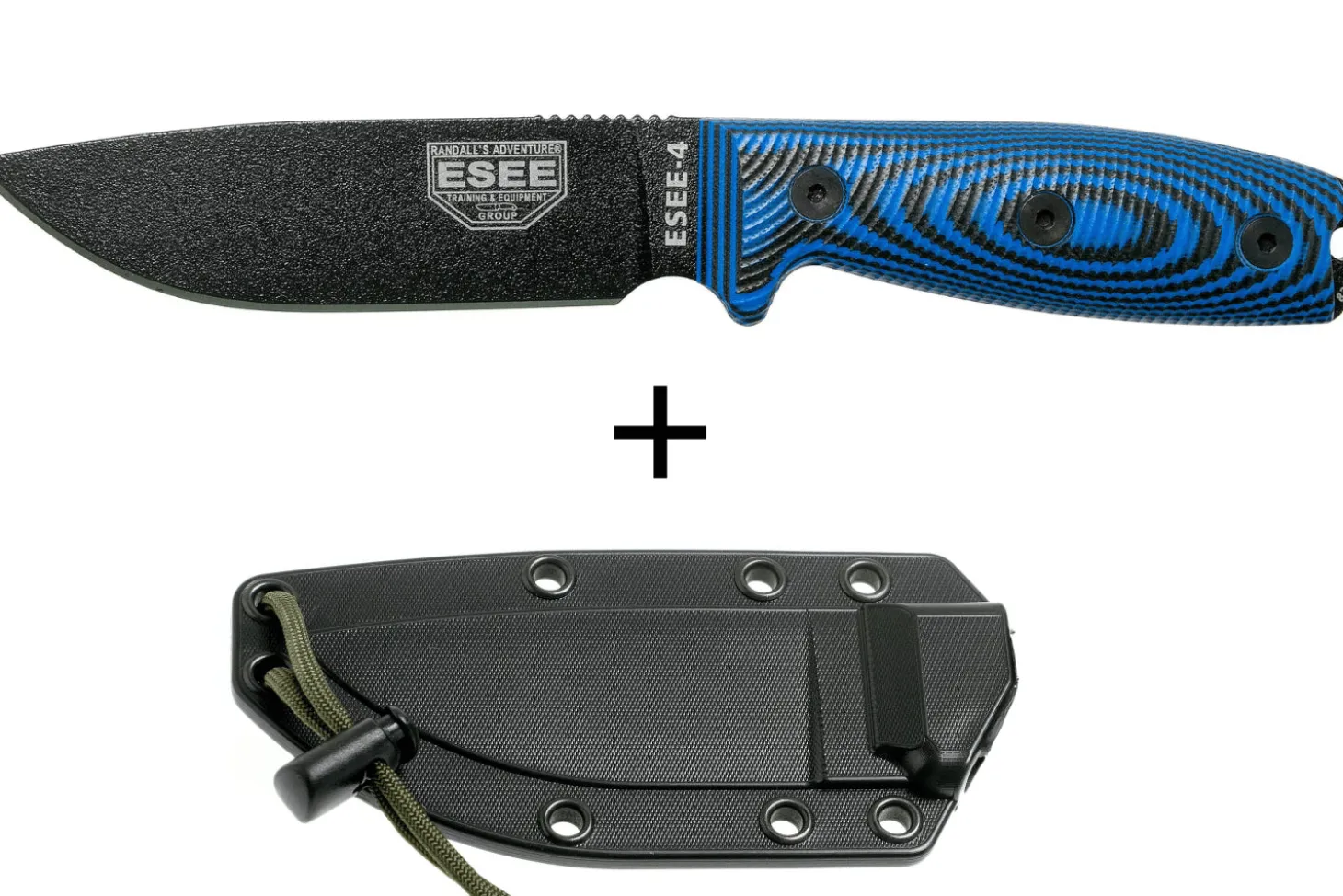 Couteau Esee 4 4PB-008 lame acier carbone 11,6cm manche G10 bleu et noir + étui