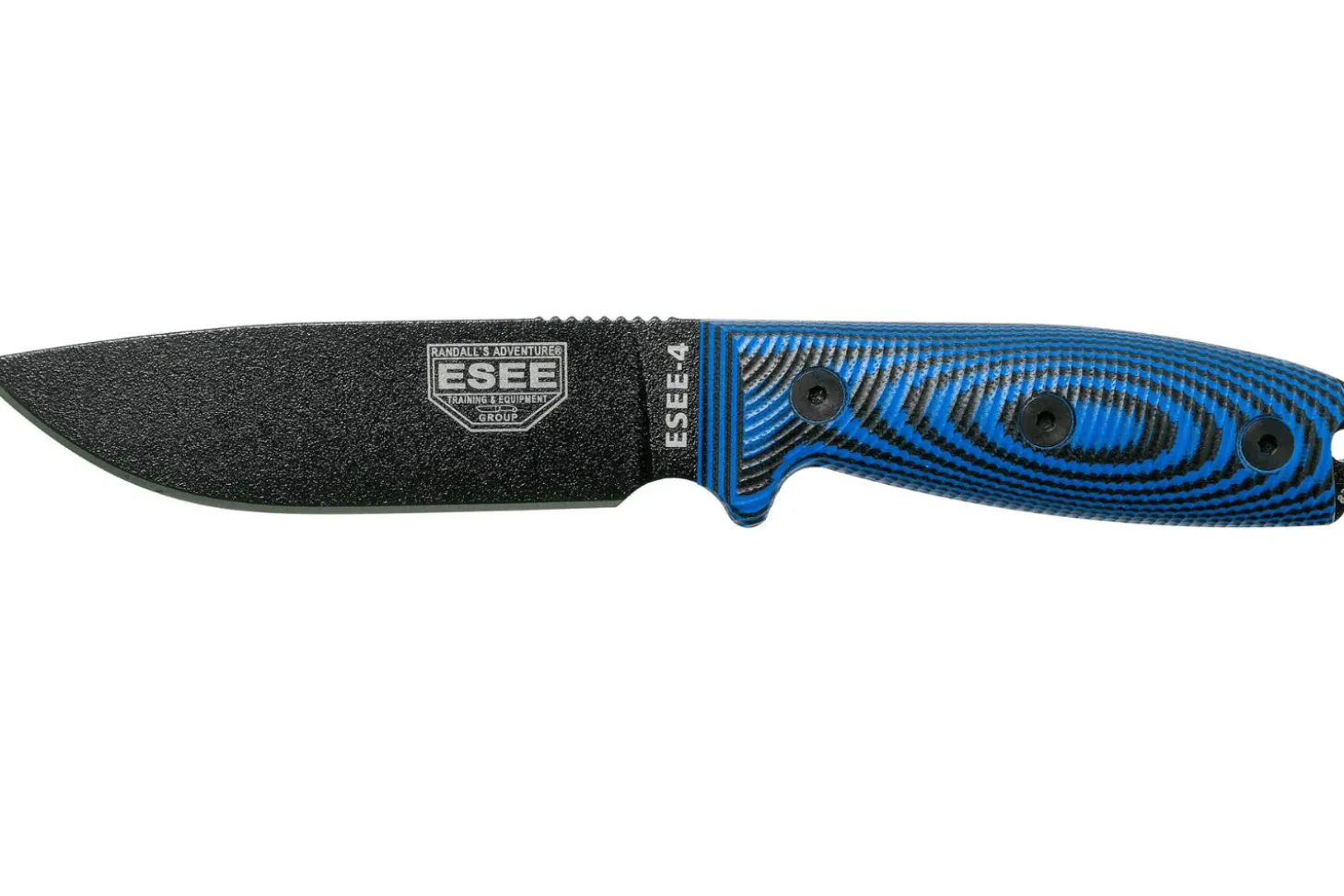 Couteau Esee 4 4PB-008 lame acier carbone 11,6cm manche G10 bleu et noir + étui
