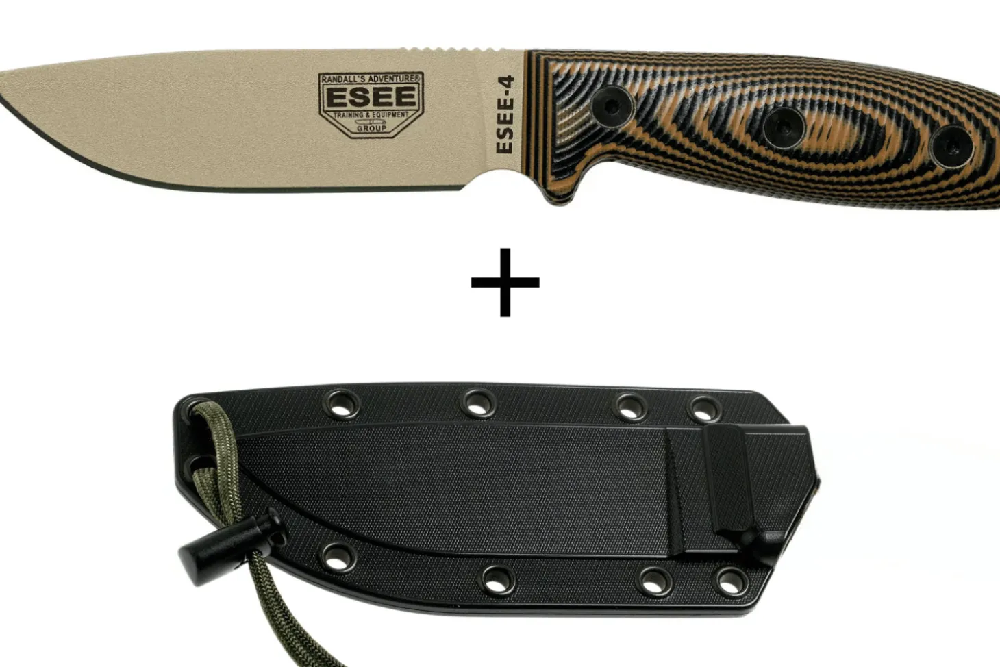 Couteau Esee 4 4PDT-005 lame carbone 11,6cm manche G10 coyote/noir + étui
