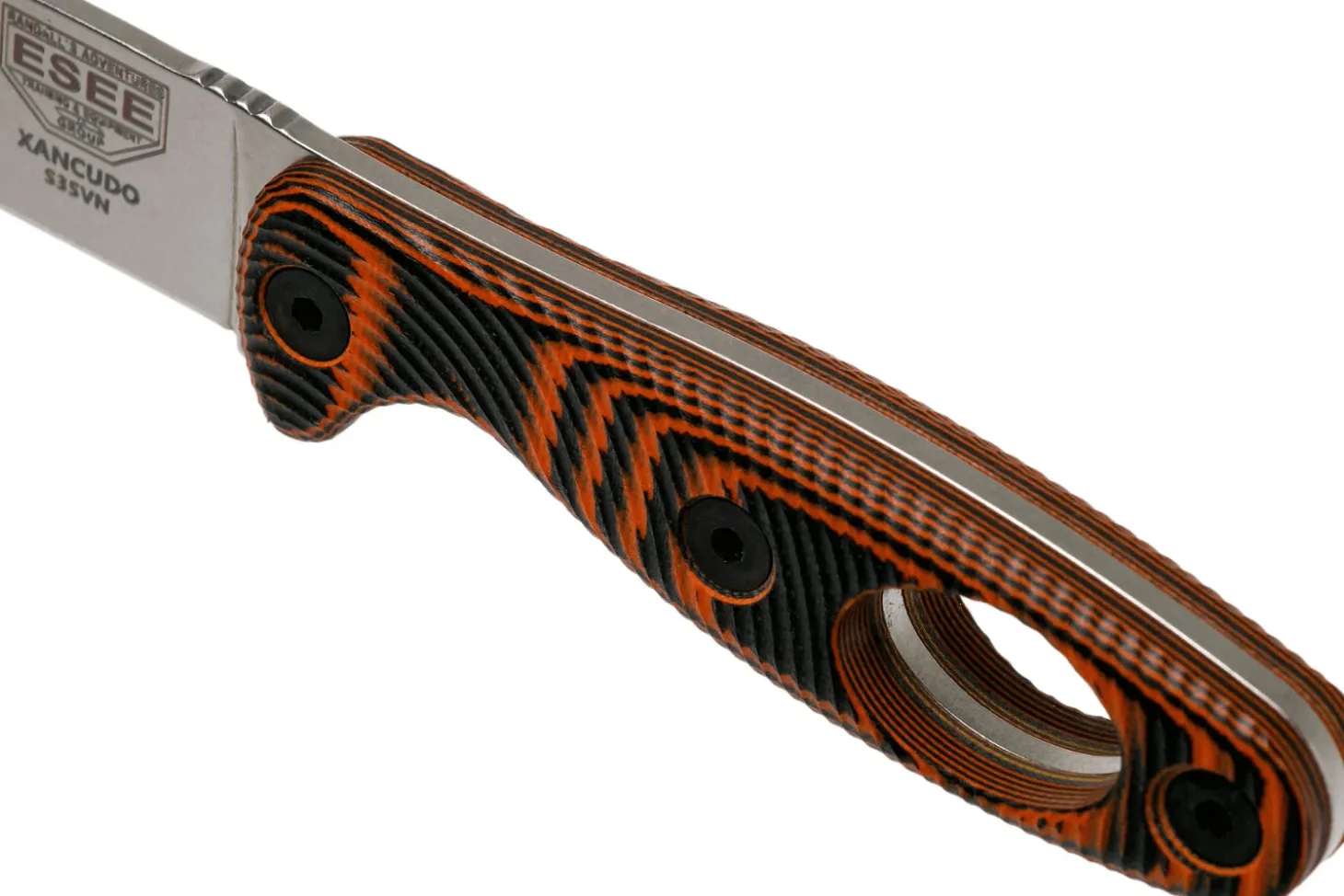 Couteau Esee Xancudo XAN1-006 lame acier inox 7,5cm manche troué G10 orange et noir + étui