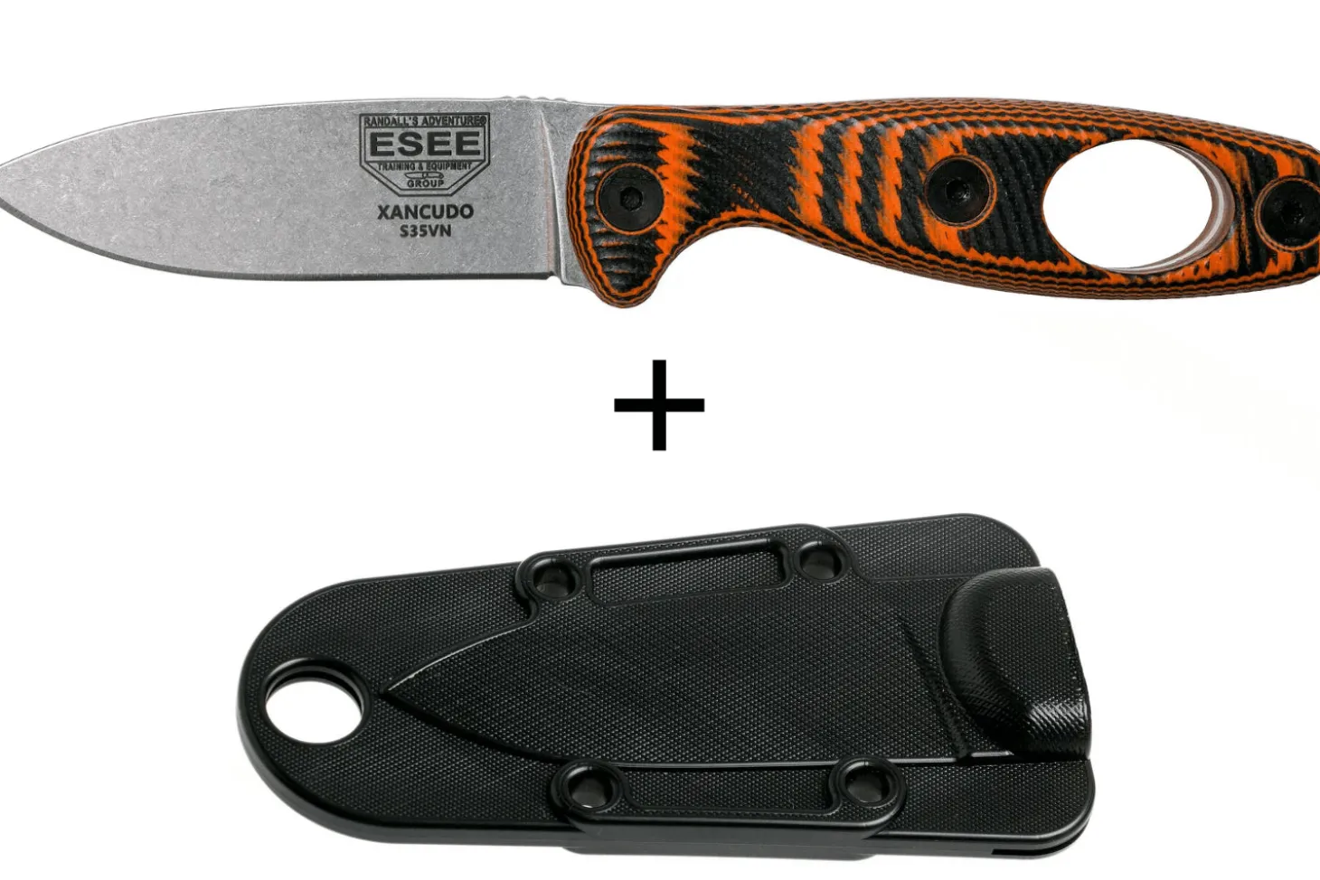Couteau Esee Xancudo XAN1-006 lame acier inox 7,5cm manche troué G10 orange et noir + étui
