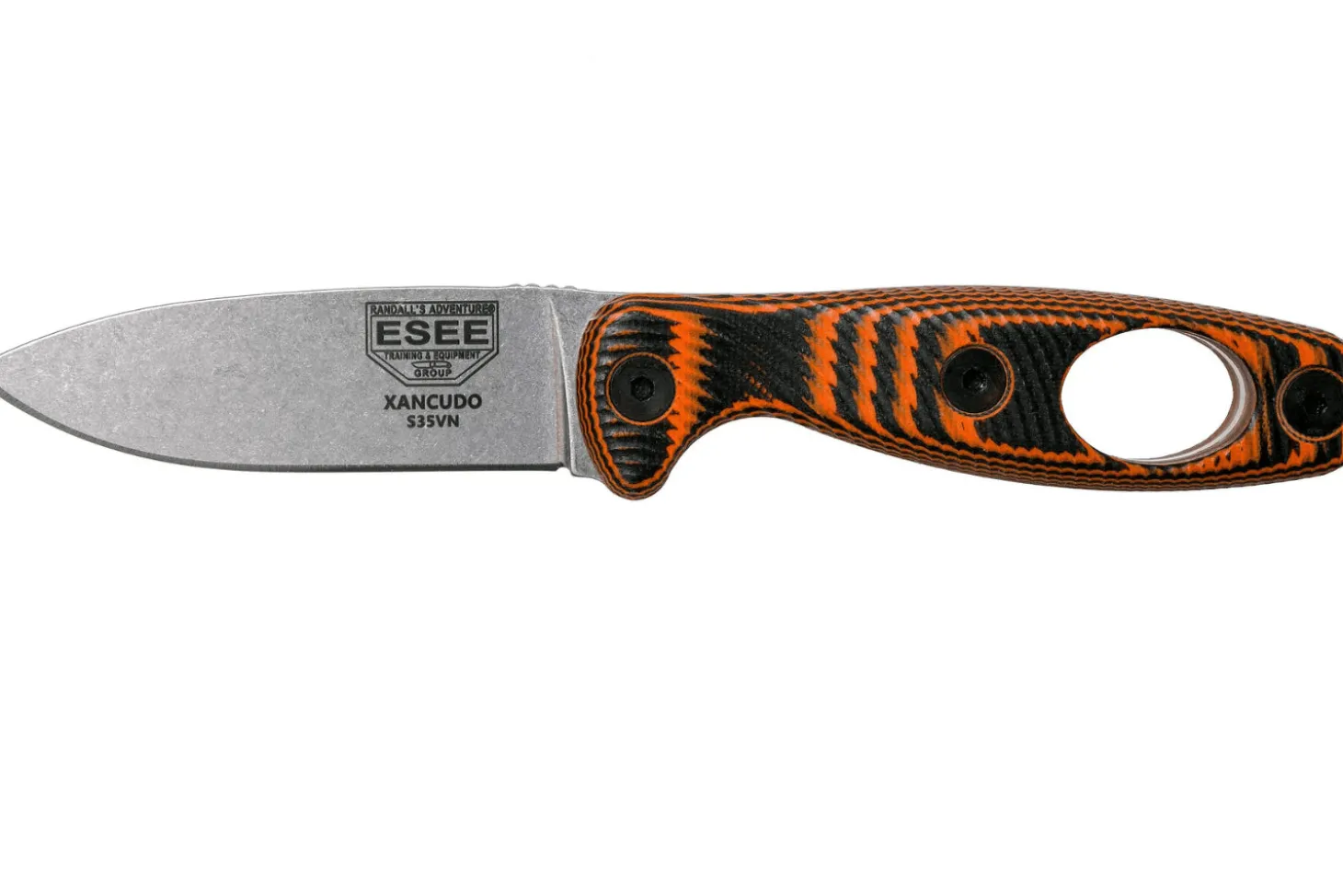 Couteau Esee Xancudo XAN1-006 lame acier inox 7,5cm manche troué G10 orange et noir + étui