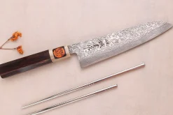 Couteau gyuto 18cm japonais artisanal Tanaka Shigeki SG2 Kurozome Damas ébène