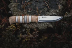 Couteau Helle Arv H014 lame en inox 9cm manche en bouleau et bois de cerf avec cuir + étui en cuir