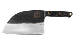 Couteau lame XL 17,5cm Wusaki BIG ONE brut de forge acier et manche carbone avec feuille d'or + étui cuir