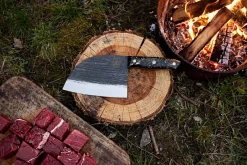 Couteau lame XL 17,5cm Wusaki BIG ONE brut de forge acier et manche carbone avec feuille d'or + étui cuir